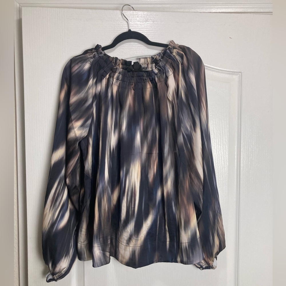 H &M Balloon Sleeved Blouse with Ruffle Neck,Size M,Black ,Navy and Tan multi